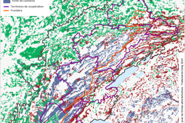 Carte de la répartitions des forêts dans l'Arc jurassien. Les feuillus sont dominants à l'Ouest, et les forêts mixtes à l'Est. Les résineux sont dominants dans le massif du Jura.