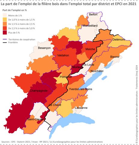 Figure 4 : La part de l’emploi de la filière bois dans l’emploi total par district et EPCI en 2021