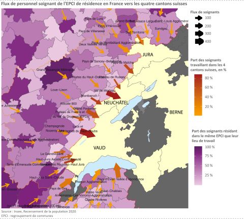 Figure 2: Flux de personnel soignant de l&apos;EPCI de résidence en France vers les quatre cantons suisses