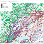 Carte de la répartitions des forêts dans l'Arc jurassien. Les feuillus sont dominants à l'Ouest, et les forêts mixtes à l'Est. Les résineux sont dominants dans le massif du Jura.